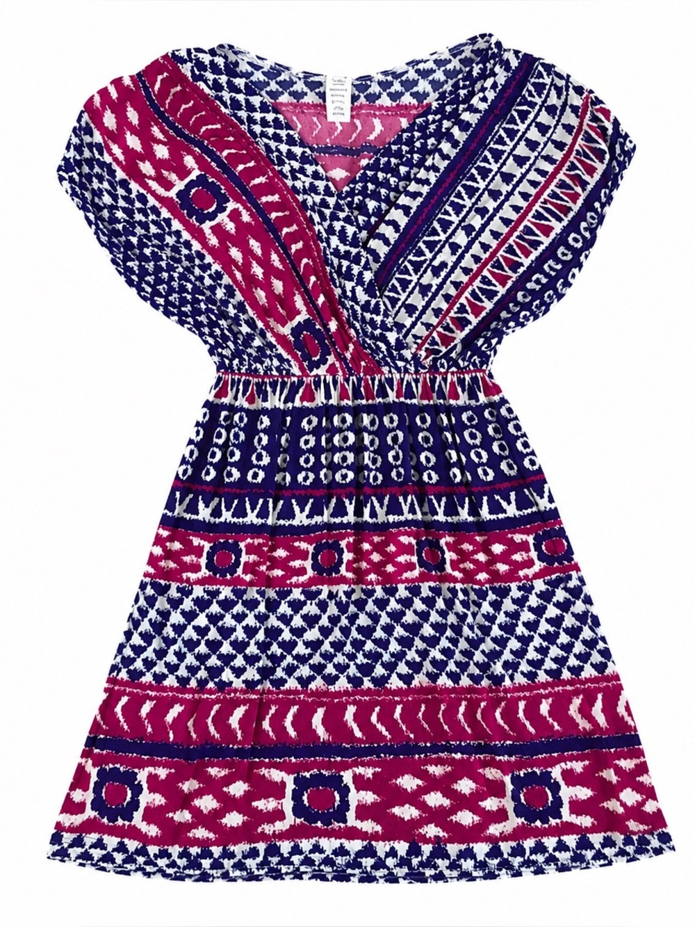 Necessary Objects Juniors Medium Boho V-Neck Printed Dress Pink Blue Casual